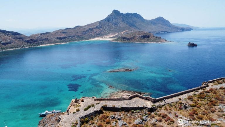 drone shot of Gramvousa fortress in Gramvousa Island, Crete, Greece