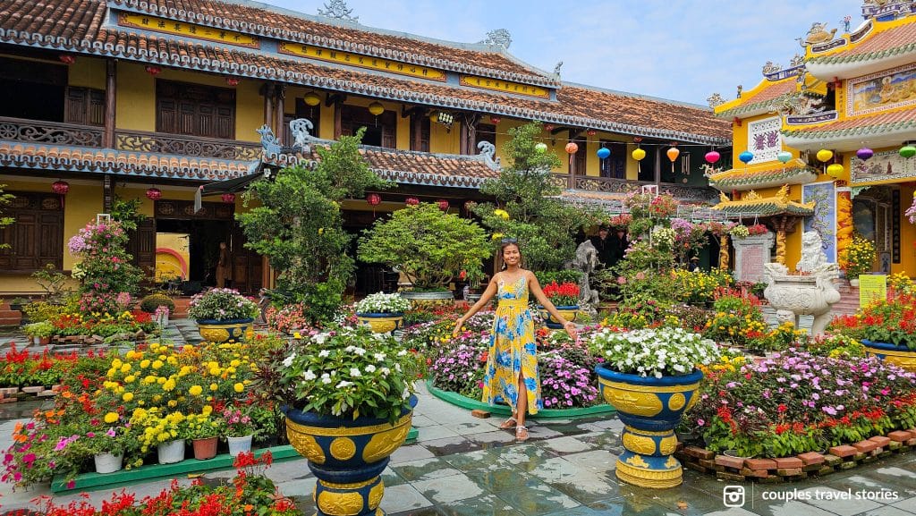 Chùa Pháp Bảo or Bảo Pagoda with plenty of flowers and plants, located in the Old Town, one of the things to do in Hoi An, Vietnam