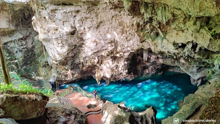 Stalactite formations and blue water of Los Tres Ojos, Santo Domingo, Dominican Republic