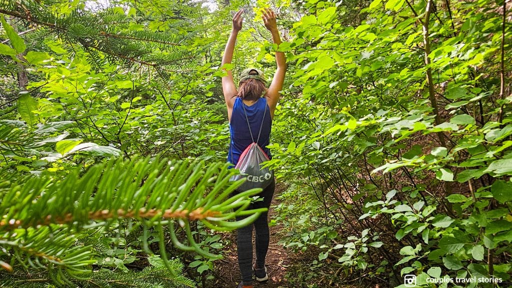 Hiking through the bush in Blueberry Mountain Trail, Cape Breton Nova Scotia.