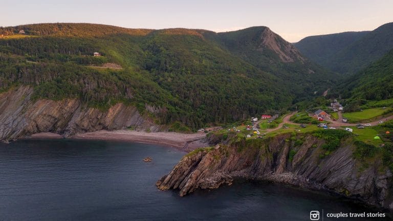 Sunset view over the campsite and beach of Meat Cove, Cape Breton Island, Nova Scotia