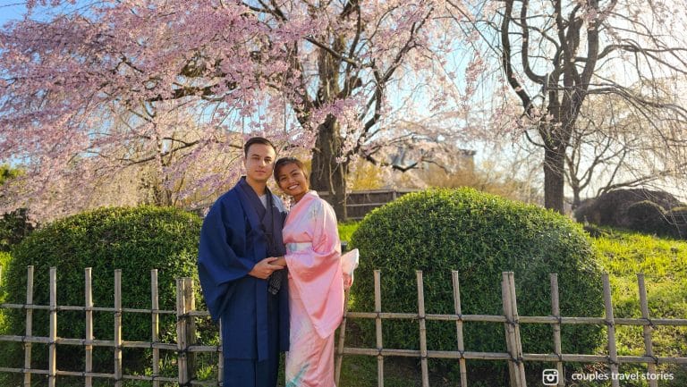 Couple wearing kimono during cherry blossom season in Kyoto, Japan