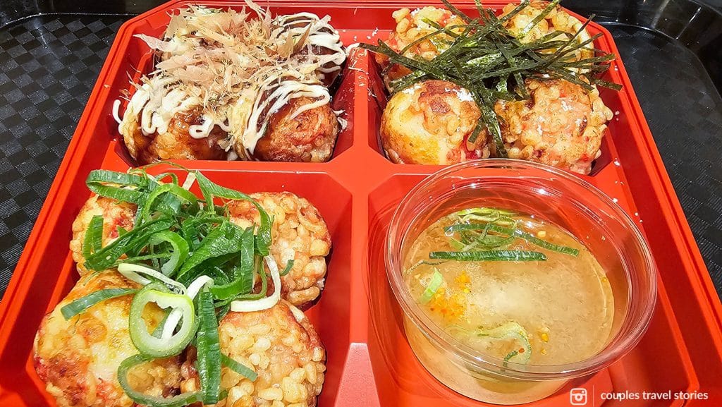 Plate with three flavors of Takoyaki in Kyoto, Japan