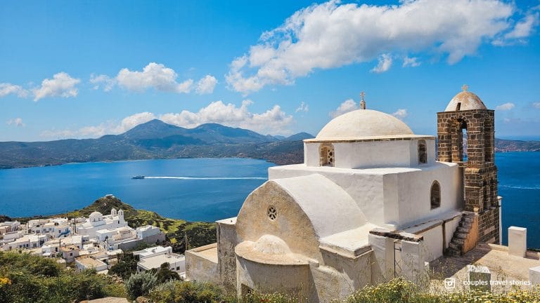 A church overlooking Milos island bay in Greece