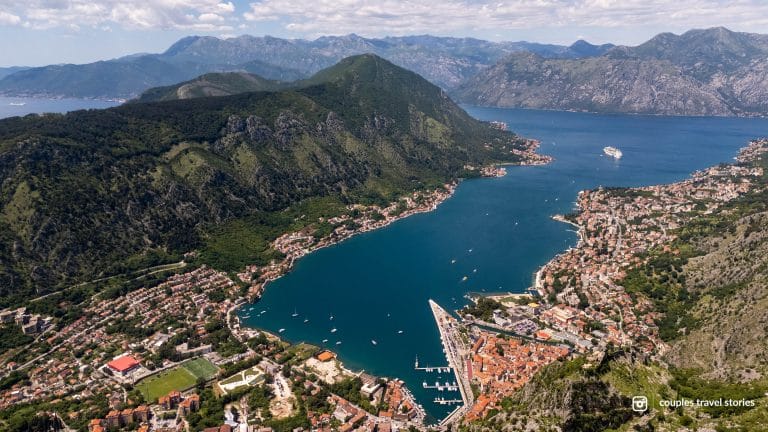 Drone view of Kotor town and the Bay of Kotor Montenegro