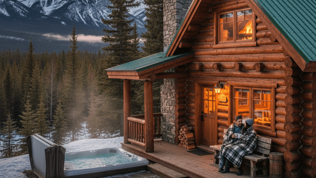 Couple at a romantic winter cabin at Baker Creek Mountain Resort