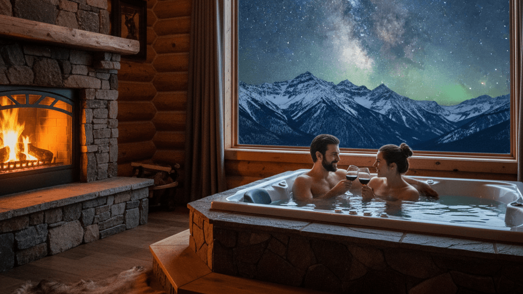 Couple relaxing in a jacuzzi by the fireplace in the Canadian Rockies